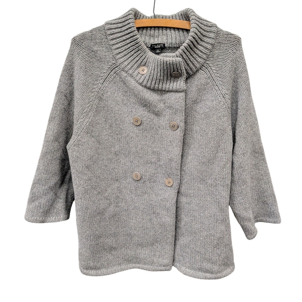 Talbots Wool Cashmere Double Breasted Funnel Neck Cardigan Sweater Gray- XL - Picture 2 of 6